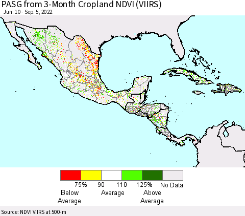 Mexico Central America and the Caribbean PASG from 3-Month Cropland NDVI (VIIRS) Thematic Map For 8/29/2022 - 9/5/2022
