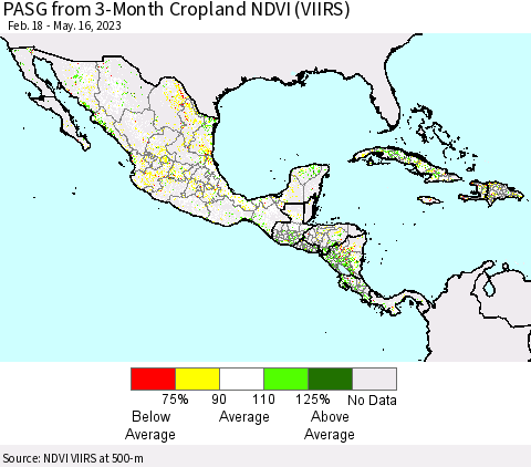 Mexico Central America and the Caribbean PASG from 3-Month Cropland NDVI (VIIRS) Thematic Map For 5/9/2023 - 5/16/2023