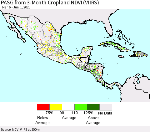 Mexico Central America and the Caribbean PASG from 3-Month Cropland NDVI (VIIRS) Thematic Map For 5/25/2023 - 6/1/2023