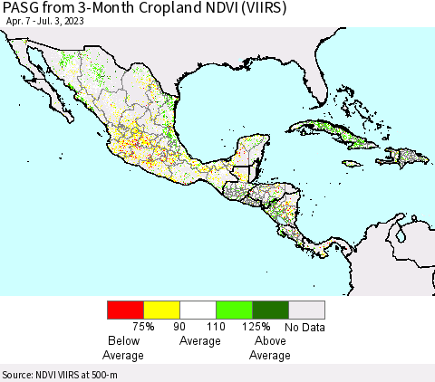 Mexico Central America and the Caribbean PASG from 3-Month Cropland NDVI (VIIRS) Thematic Map For 6/26/2023 - 7/3/2023