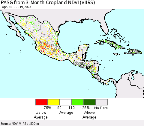 Mexico Central America and the Caribbean PASG from 3-Month Cropland NDVI (VIIRS) Thematic Map For 7/12/2023 - 7/19/2023