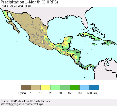 Mexico Central America and the Caribbean Precipitation 1-Month (CHIRPS) Thematic Map For 3/6/2021 - 4/5/2021