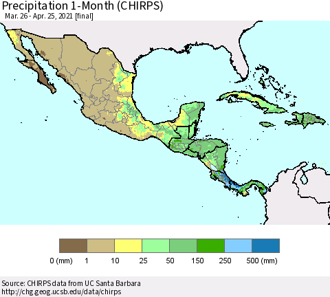 Mexico Central America and the Caribbean Precipitation 1-Month (CHIRPS) Thematic Map For 3/26/2021 - 4/25/2021