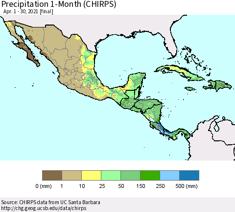Mexico Central America and the Caribbean Precipitation 1-Month (CHIRPS) Thematic Map For 4/1/2021 - 4/30/2021