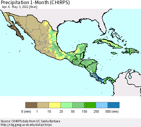 Mexico Central America and the Caribbean Precipitation 1-Month (CHIRPS) Thematic Map For 4/6/2021 - 5/5/2021