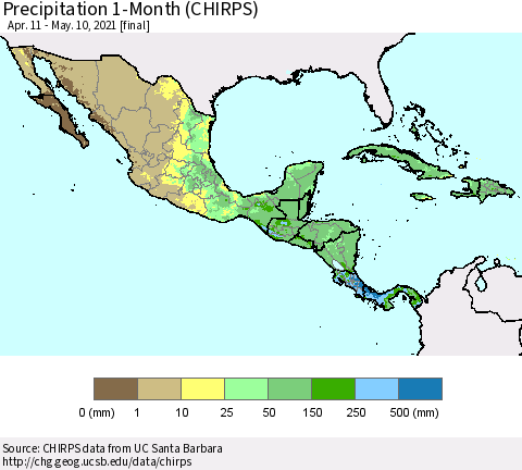 Mexico Central America and the Caribbean Precipitation 1-Month (CHIRPS) Thematic Map For 4/11/2021 - 5/10/2021