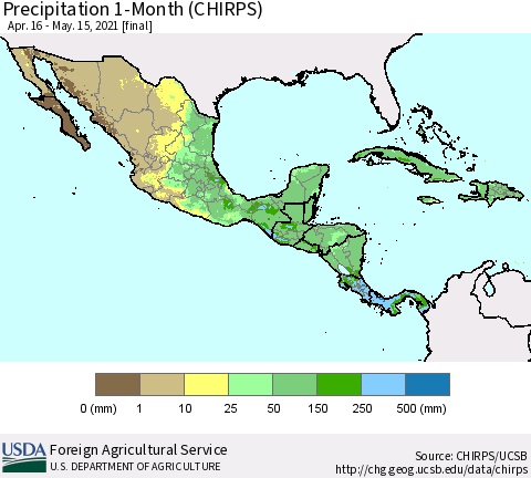 Mexico Central America and the Caribbean Precipitation 1-Month (CHIRPS) Thematic Map For 4/16/2021 - 5/15/2021