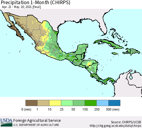 Mexico Central America and the Caribbean Precipitation 1-Month (CHIRPS) Thematic Map For 4/21/2021 - 5/20/2021