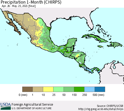 Mexico Central America and the Caribbean Precipitation 1-Month (CHIRPS) Thematic Map For 4/26/2021 - 5/25/2021