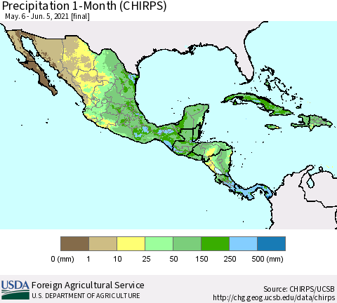 Mexico Central America and the Caribbean Precipitation 1-Month (CHIRPS) Thematic Map For 5/6/2021 - 6/5/2021