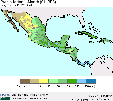 Mexico Central America and the Caribbean Precipitation 1-Month (CHIRPS) Thematic Map For 5/11/2021 - 6/10/2021