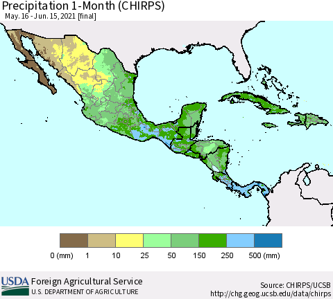 Mexico Central America and the Caribbean Precipitation 1-Month (CHIRPS) Thematic Map For 5/16/2021 - 6/15/2021