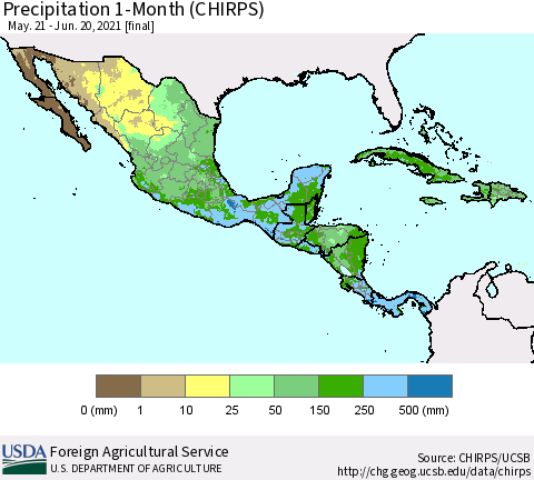 Mexico Central America and the Caribbean Precipitation 1-Month (CHIRPS) Thematic Map For 5/21/2021 - 6/20/2021