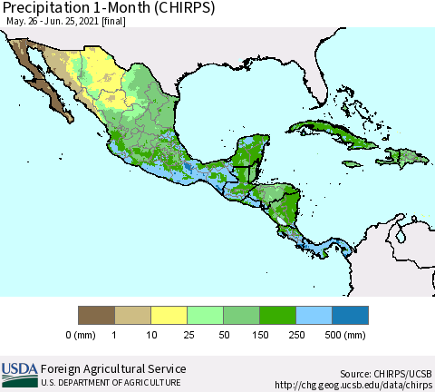 Mexico Central America and the Caribbean Precipitation 1-Month (CHIRPS) Thematic Map For 5/26/2021 - 6/25/2021