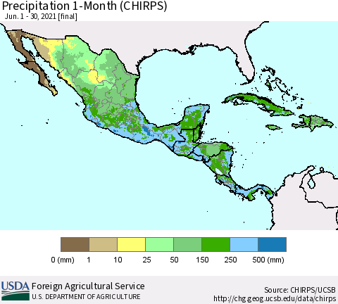Mexico Central America and the Caribbean Precipitation 1-Month (CHIRPS) Thematic Map For 6/1/2021 - 6/30/2021