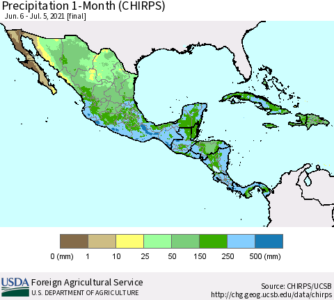 Mexico Central America and the Caribbean Precipitation 1-Month (CHIRPS) Thematic Map For 6/6/2021 - 7/5/2021