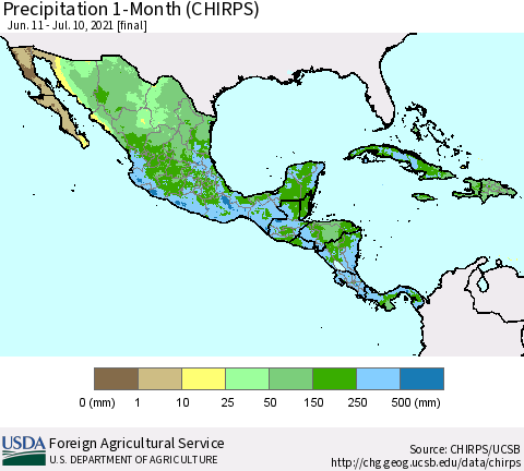 Mexico Central America and the Caribbean Precipitation 1-Month (CHIRPS) Thematic Map For 6/11/2021 - 7/10/2021