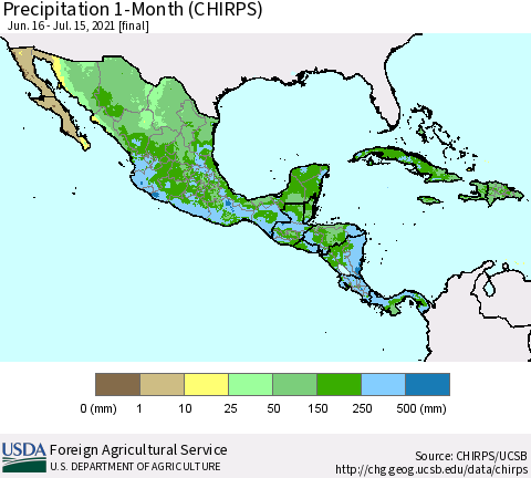 Mexico Central America and the Caribbean Precipitation 1-Month (CHIRPS) Thematic Map For 6/16/2021 - 7/15/2021
