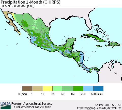 Mexico Central America and the Caribbean Precipitation 1-Month (CHIRPS) Thematic Map For 6/21/2021 - 7/20/2021