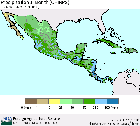 Mexico Central America and the Caribbean Precipitation 1-Month (CHIRPS) Thematic Map For 6/26/2021 - 7/25/2021