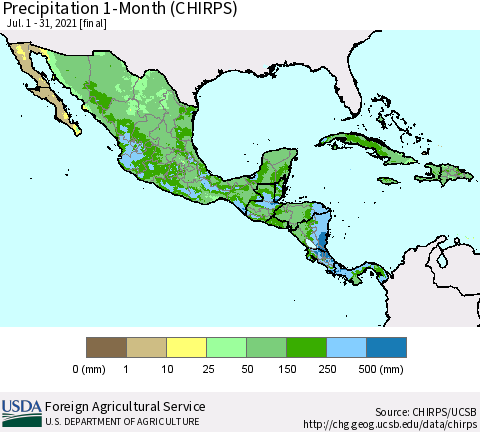 Mexico Central America and the Caribbean Precipitation 1-Month (CHIRPS) Thematic Map For 7/1/2021 - 7/31/2021