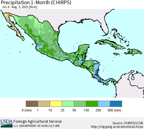 Mexico Central America and the Caribbean Precipitation 1-Month (CHIRPS) Thematic Map For 7/6/2021 - 8/5/2021