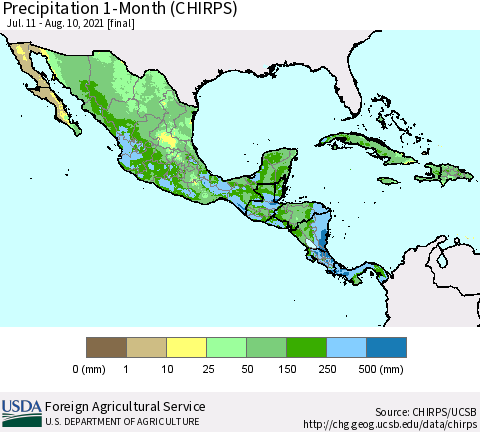 Mexico Central America and the Caribbean Precipitation 1-Month (CHIRPS) Thematic Map For 7/11/2021 - 8/10/2021