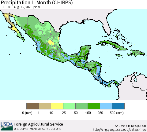 Mexico Central America and the Caribbean Precipitation 1-Month (CHIRPS) Thematic Map For 7/16/2021 - 8/15/2021