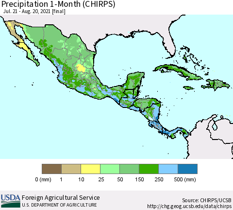 Mexico Central America and the Caribbean Precipitation 1-Month (CHIRPS) Thematic Map For 7/21/2021 - 8/20/2021