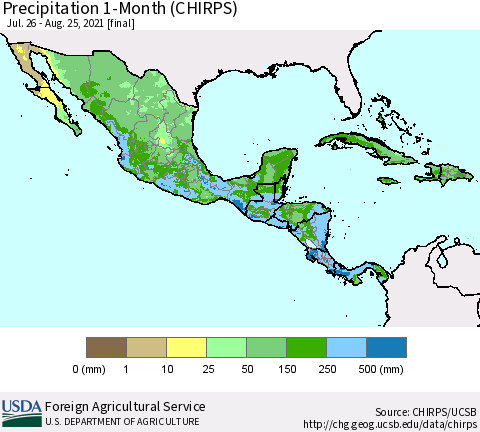Mexico Central America and the Caribbean Precipitation 1-Month (CHIRPS) Thematic Map For 7/26/2021 - 8/25/2021