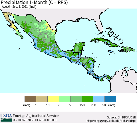 Mexico Central America and the Caribbean Precipitation 1-Month (CHIRPS) Thematic Map For 8/6/2021 - 9/5/2021