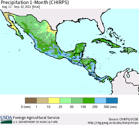Mexico Central America and the Caribbean Precipitation 1-Month (CHIRPS) Thematic Map For 8/11/2021 - 9/10/2021