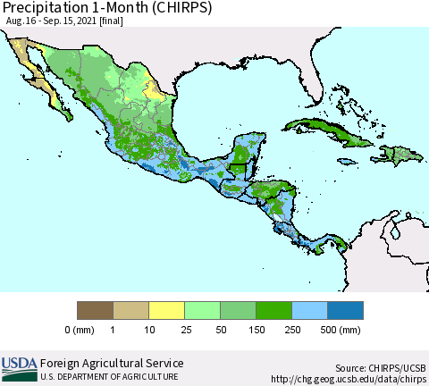 Mexico Central America and the Caribbean Precipitation 1-Month (CHIRPS) Thematic Map For 8/16/2021 - 9/15/2021