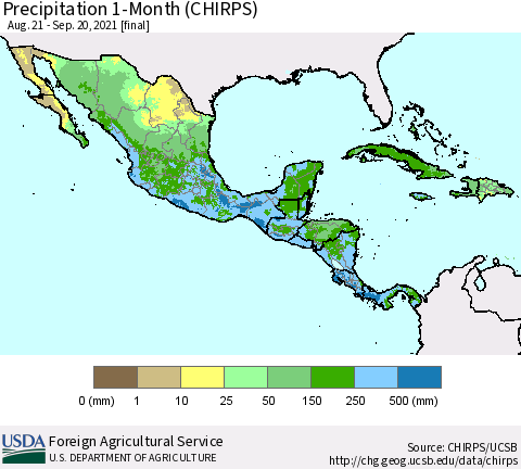 Mexico Central America and the Caribbean Precipitation 1-Month (CHIRPS) Thematic Map For 8/21/2021 - 9/20/2021