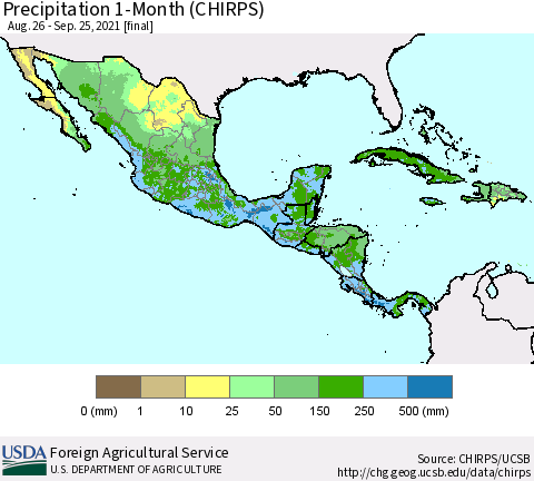 Mexico Central America and the Caribbean Precipitation 1-Month (CHIRPS) Thematic Map For 8/26/2021 - 9/25/2021
