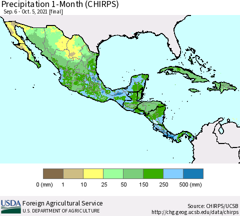 Mexico Central America and the Caribbean Precipitation 1-Month (CHIRPS) Thematic Map For 9/6/2021 - 10/5/2021