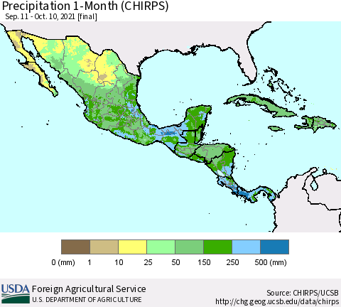 Mexico Central America and the Caribbean Precipitation 1-Month (CHIRPS) Thematic Map For 9/11/2021 - 10/10/2021