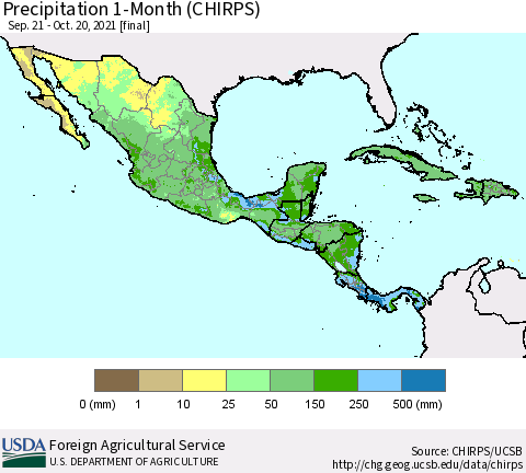 Mexico Central America and the Caribbean Precipitation 1-Month (CHIRPS) Thematic Map For 9/21/2021 - 10/20/2021