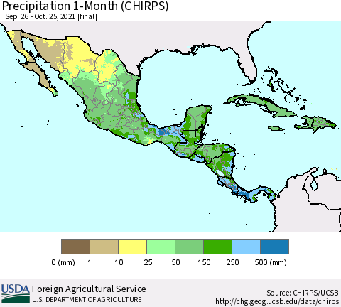 Mexico Central America and the Caribbean Precipitation 1-Month (CHIRPS) Thematic Map For 9/26/2021 - 10/25/2021