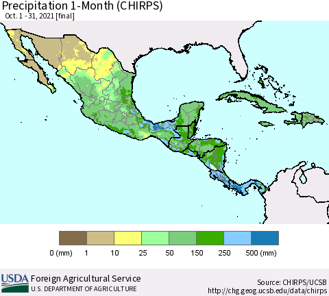 Mexico Central America and the Caribbean Precipitation 1-Month (CHIRPS) Thematic Map For 10/1/2021 - 10/31/2021