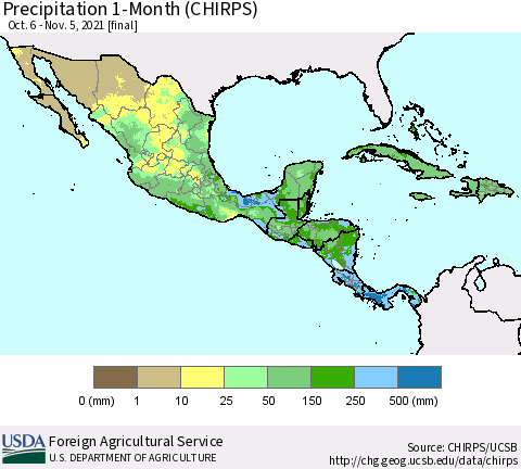 Mexico Central America and the Caribbean Precipitation 1-Month (CHIRPS) Thematic Map For 10/6/2021 - 11/5/2021