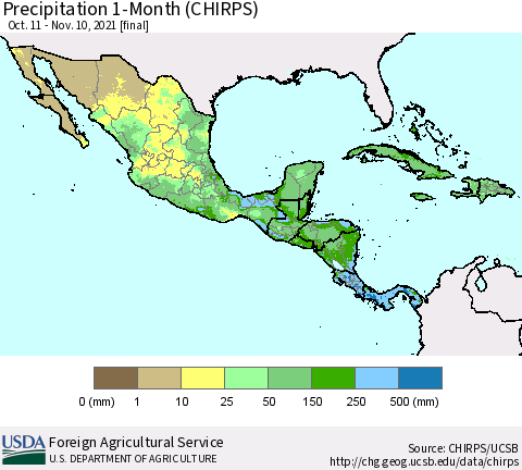 Mexico Central America and the Caribbean Precipitation 1-Month (CHIRPS) Thematic Map For 10/11/2021 - 11/10/2021