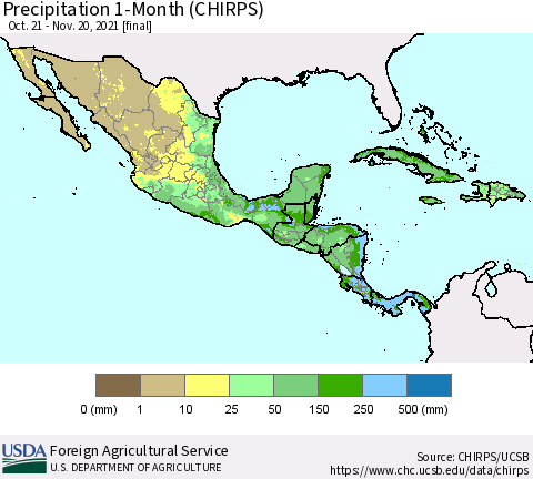 Mexico Central America and the Caribbean Precipitation 1-Month (CHIRPS) Thematic Map For 10/21/2021 - 11/20/2021