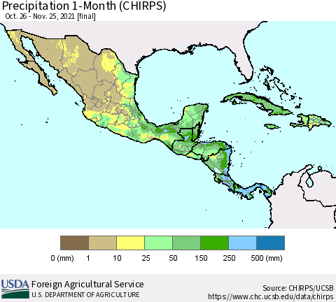 Mexico Central America and the Caribbean Precipitation 1-Month (CHIRPS) Thematic Map For 10/26/2021 - 11/25/2021