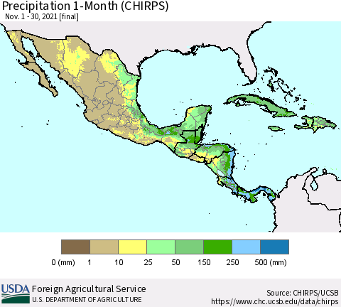 Mexico Central America and the Caribbean Precipitation 1-Month (CHIRPS) Thematic Map For 11/1/2021 - 11/30/2021