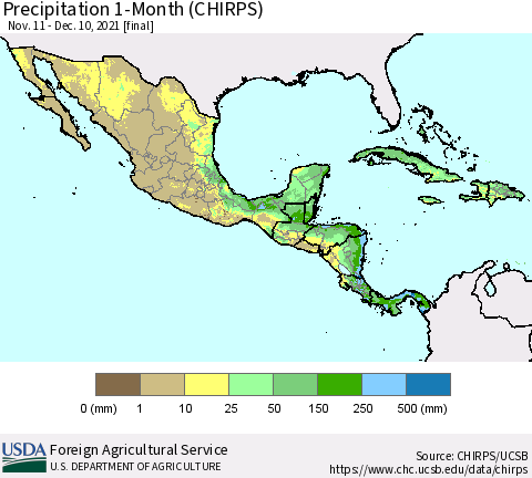 Mexico Central America and the Caribbean Precipitation 1-Month (CHIRPS) Thematic Map For 11/11/2021 - 12/10/2021