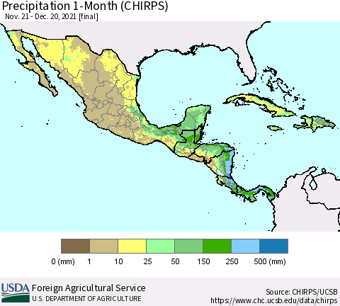 Mexico Central America and the Caribbean Precipitation 1-Month (CHIRPS) Thematic Map For 11/21/2021 - 12/20/2021