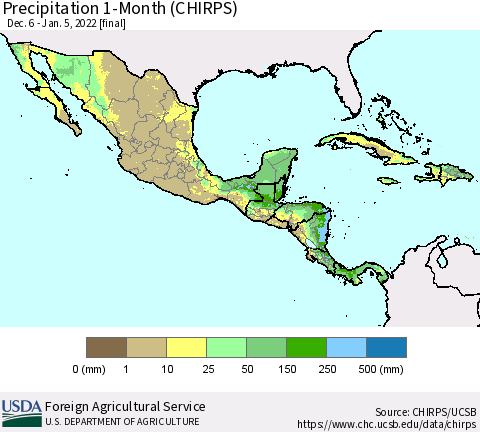 Mexico Central America and the Caribbean Precipitation 1-Month (CHIRPS) Thematic Map For 12/6/2021 - 1/5/2022