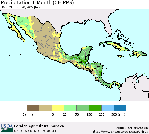 Mexico Central America and the Caribbean Precipitation 1-Month (CHIRPS) Thematic Map For 12/21/2021 - 1/20/2022