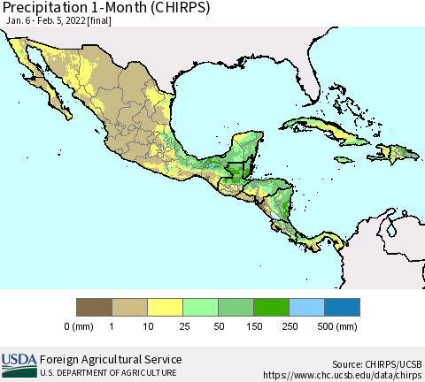 Mexico Central America and the Caribbean Precipitation 1-Month (CHIRPS) Thematic Map For 1/6/2022 - 2/5/2022